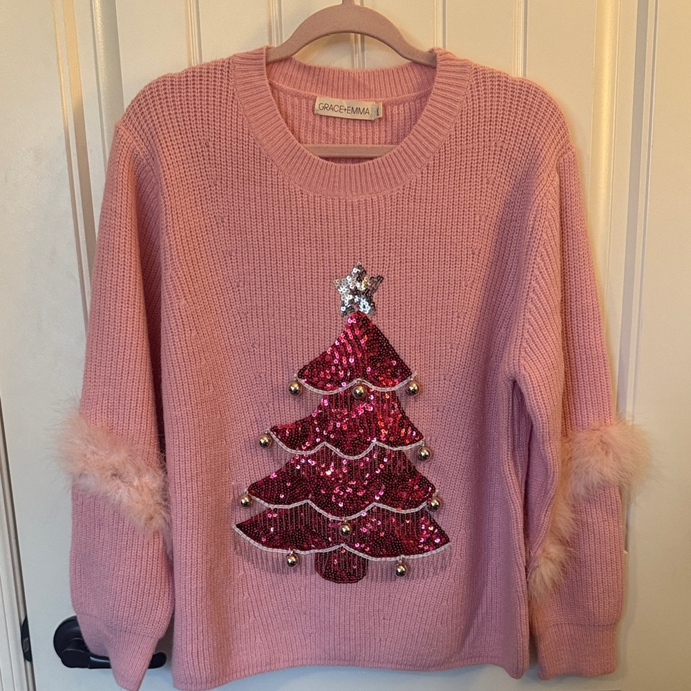 Grace & Emma Pink Sequin Christmas Tree Sweater 2X